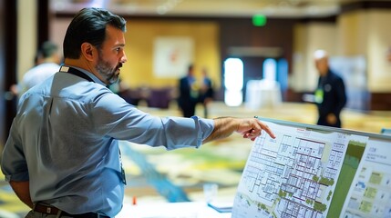 Convention planner discussing the floor plans : Generative AI