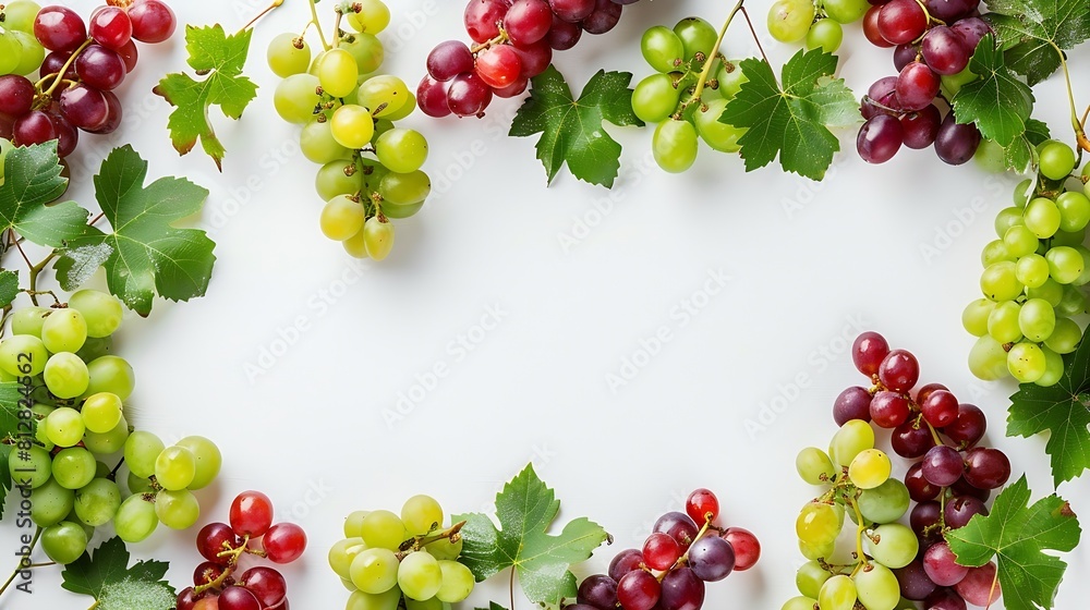 Poster Green and red grape fruit creative  frame and layout isolated on white background Healthy eating and food concept Fresh berries composition and design element Top view flat lay : Generative AI