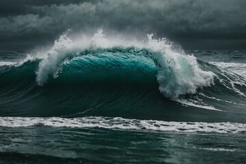 Obraz premium A large wave is crashing into the shore, creating a powerful and dynamic scene