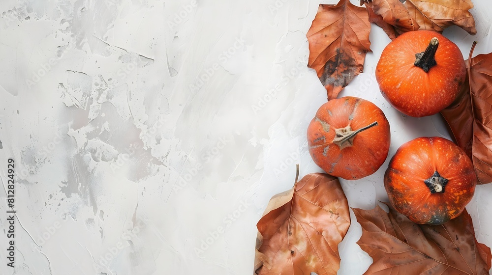Poster autumn composition pumpkins dried leaves on pastel gray background autumn fall halloween concept fla