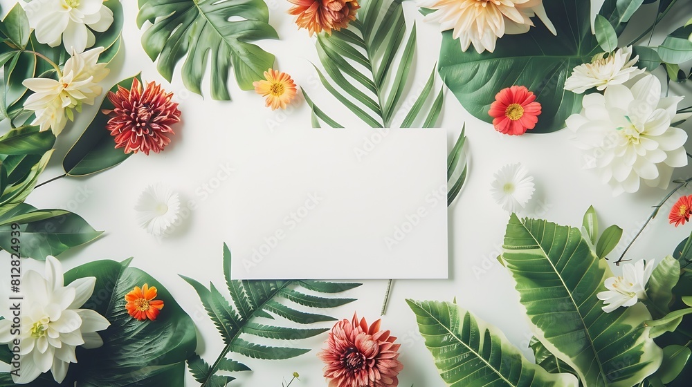 Poster creative layout made of flowers and leaves with paper card note flat lay nature concept : generative
