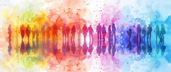 Colorful abstract watercolor background with a group of silhouette people in front of the wall