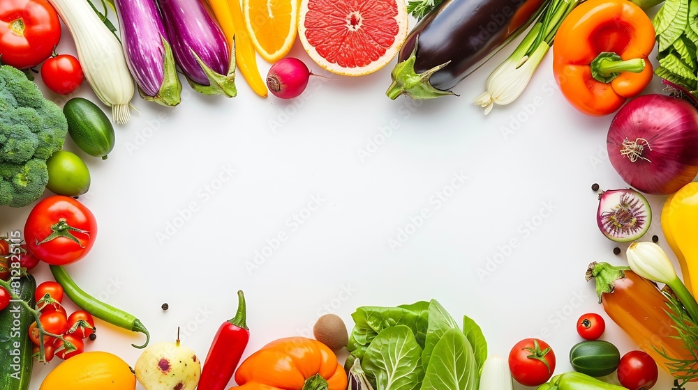 Aufkleber frame from various vegetables and fruits isolated on white background top view creative flat layout 