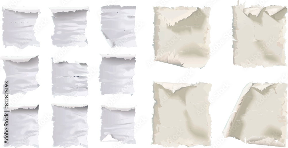 Poster Old paper sheets with torn edges. White ripped and crumpled notes and scraps