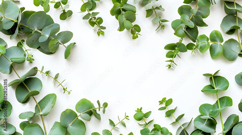 Aufkleber Eucalyptus leaves on white background Frame made of eucalyptus branches Flat lay top view copy space : Generative AI
