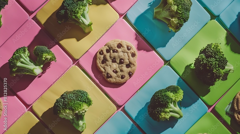 Poster in this board game broccoli beats chocolate chip cookies that means healthy food is better than junk