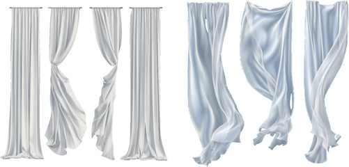 Realistic set of white curtains hanging. Vector illustration of silk fabric sheets, veil fluttering in wind. Home textile, light drapery, interior design elements