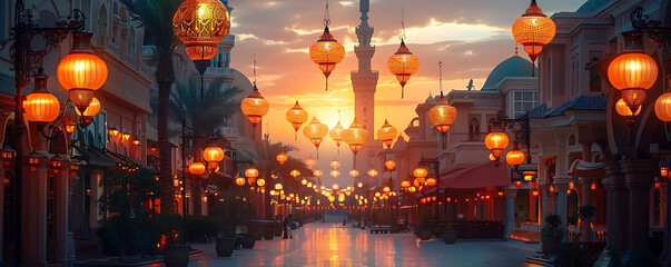 evening glow with ramadan lanterns illuminates a cityscape featuring a white building and a red awning, with an orange lantern adding a pop of color to the scene - Powered by Adobe