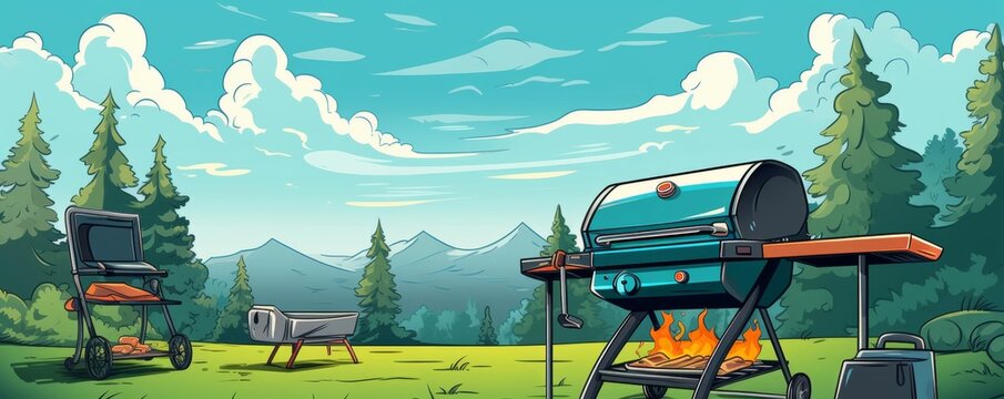 Barbecue grill at a summer party flat design side view social gathering theme cartoon drawing Complementary Color Scheme