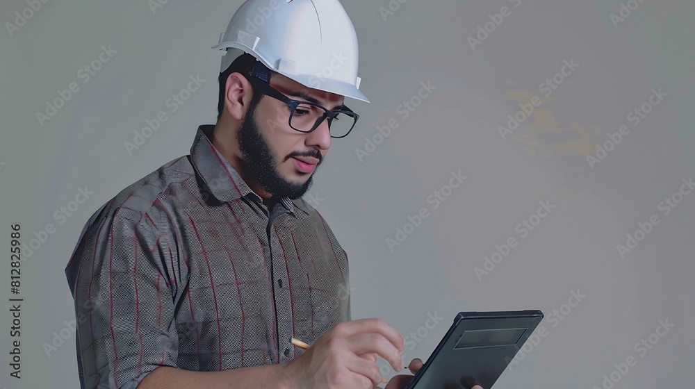 Poster the cost of a new home muslim young man with drawings and a calculator isolated on grey background e