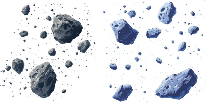 Stone asteroid belt realistic vector illustration. Meteor, space boulder or rock with craters flying