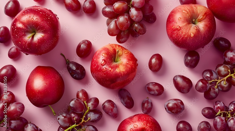 Poster creative layout made of red apple and grape flat lay food concept : generative ai
