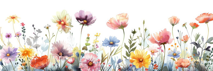 A beautiful watercolor of soft pastel daisies and lush greenery, set against a white background. The image showcases a long field of vibrant wildflowers in the style of clipart, making it perfect for