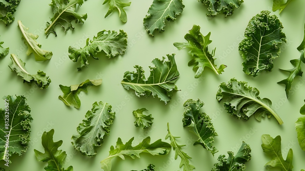 Poster creative layout made of kale salad leaves spinach ruccola on green background flat lay food concept 