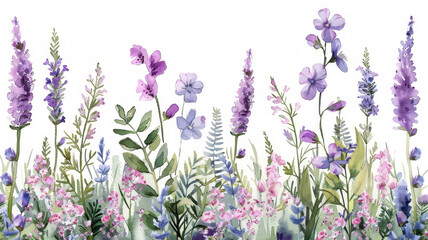 A soft light watercolor of stemmed orchids and leafy ferns, set against a white background, merges seamlessly with a long field of lavender, creating a harmonious blend of colors and forms. The