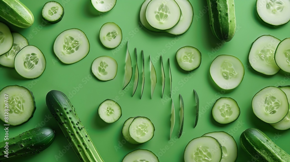 Poster creative layout made of cucumber on the green background flat lay food concept : generative ai