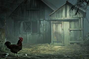 Eerie twilight scene of a rustic barn with a rooster standing guard amidst a desolate landscape