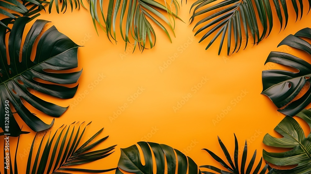 Poster summer tropical palm leaves flat lay background with a blank space stylized image : generative ai