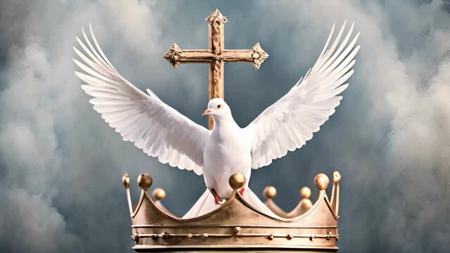 Holy Trinity symbols. Cross, crown and dove of Holy Spirit. Watercolor christian symbols against white background