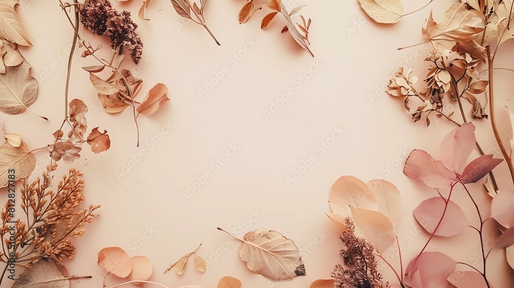 Poster autumn composition photo frame dried flowers and leaves on pastel beige background autumn fall conce
