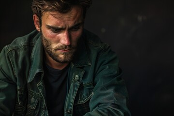 Obraz premium Contemplative Man in Denim Jacket, Lost in Thought