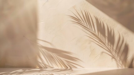 Minimal product placement background with palm shadow on beige plaster wall Luxury summer architecture interior aesthetic Boho home room for product platform stage mockup : Generative AI
