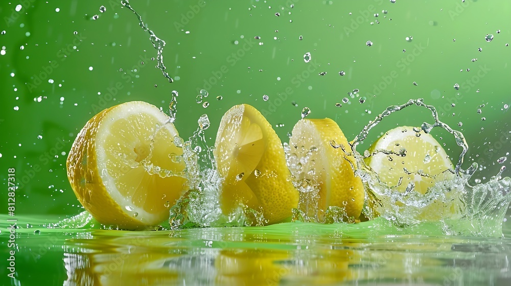 Aufkleber Creative layout made from Fresh Sliced lemon fruit and water Splashing on a green background : Generative AI