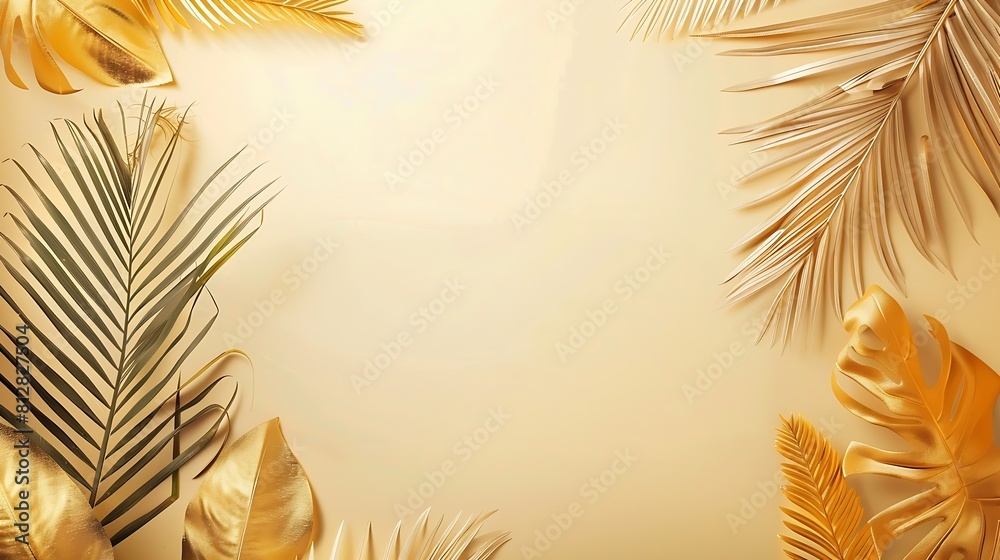 Poster creative layout made of colorful and golden tropical leaves and palms on beige background minimal su