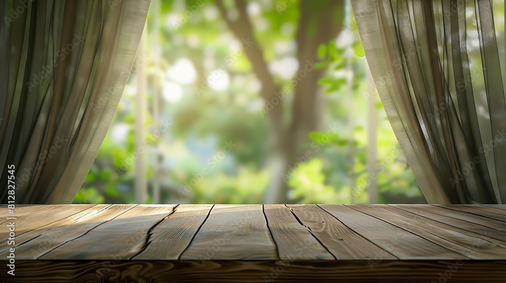 Poster Empty of wood table top on blur of curtain window and abstract green from garden with sunlight For montage product display or design key visual layout : Generative AI