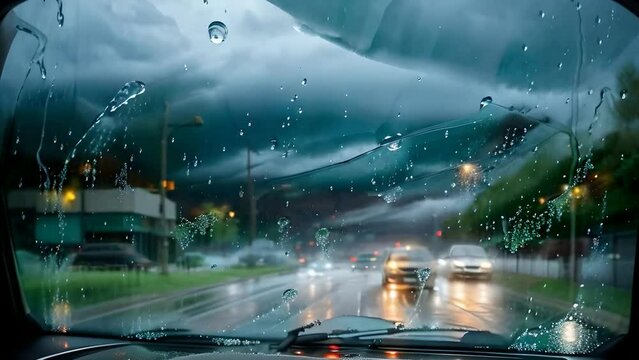 Raindrops cascade down the transparent surface of the glass, reflecting the stormy backdrop
