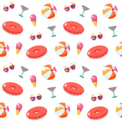 Summer seamless pattern with inflatable rings, ice cream and sunglasses.