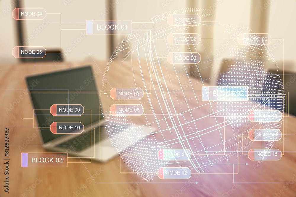 Aufkleber Abstract creative coding concept with world map on modern laptop background. Multiexposure