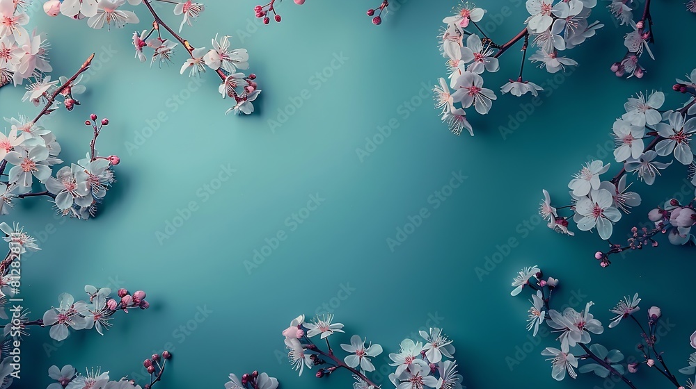 Poster beautiful turquoise blue background with spring cherry blossom branches top view flat lay frame crea