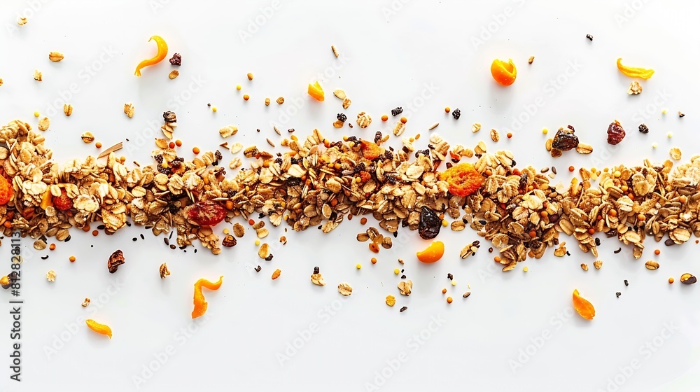 Poster creative layout made of granola with dry fruits and curcuma isolated on white backgroundflat lay foo