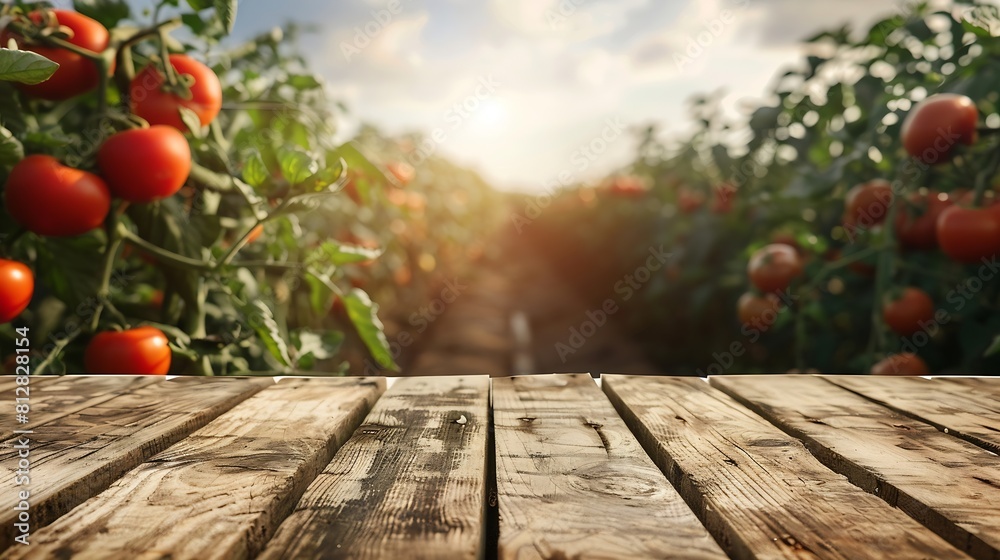 Leinwandbilder wooden table top on blur tomato field background in daytimeharvest tomato or fruit juice for montage