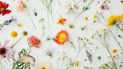floral layout from different wildflowers on a white background Beautiful light reflections Top view and copy space wildflowers flat lay : Generative AI