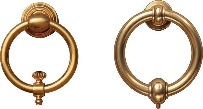 Realistic gold door knocker handles, golden ring knobs, shiny vintage metal doorknob, element for interior or exterior