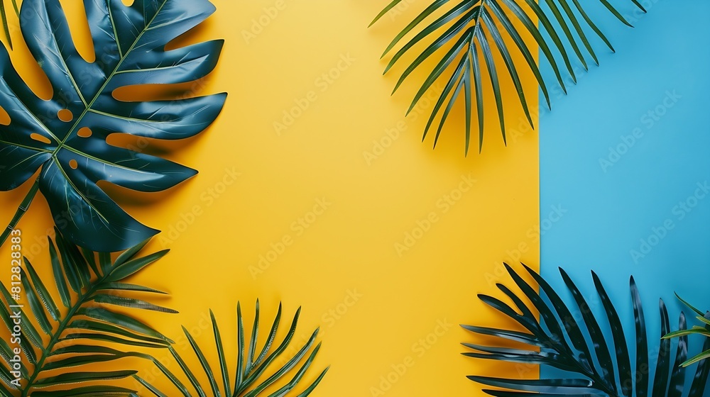 Poster creative layout made of colorful tropical leaves on yellow and blue background minimal summer exotic