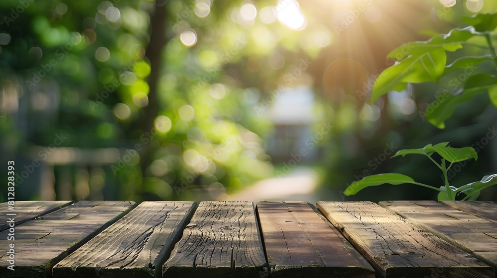 Poster Empty wood table top on blur abstract green from garden and house in morning backgroundFor montage product display or design key visual layout : Generative AI