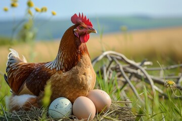 Vigilant brown hen with vibrant plumage stands over her nest of eggs amidst natural scenery