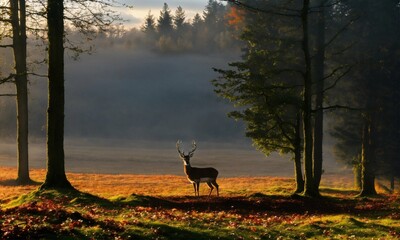 Foggy landscape of Belgian Ardennes forest with a deer