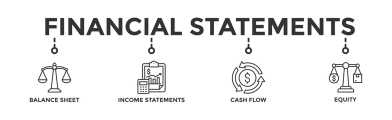 Fototapeta premium Financial statements banner web icon vector illustration concept with icon of graph, balance sheet, pie chart, income statements, money, calculator, income, earning, cash flow, equity, and balance