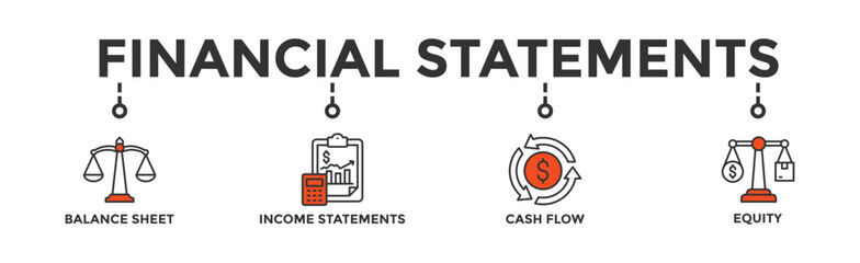 Financial statements banner web icon vector illustration concept with icon of graph, balance sheet, pie chart, income statements, money, calculator, income, earning, cash flow, equity, and balance