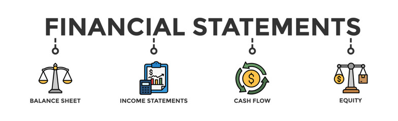 Financial statements banner web icon vector illustration concept with icon of graph, balance sheet, pie chart, income statements, money, calculator, income, earning, cash flow, equity, and balance