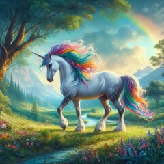 Obraz na płótnie Canvas A unicorn with rainbow hair walking on a grassy hill image lively used for printing card design illustrator.