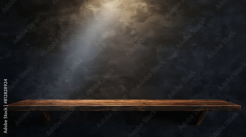 Poster Empty wooden table on wall dark backgroundperspective wooden floor shelf tableused as a studio background wall to display your products : Generative AI