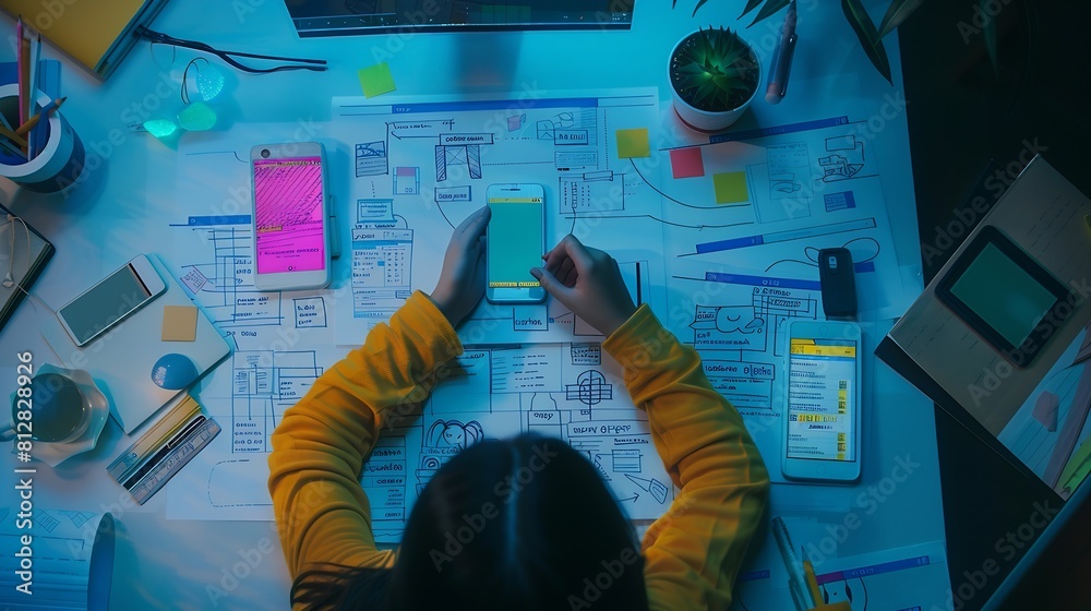 Poster Website designer Creative planning phone app development sketch template layout framework wireframe design User experience concept Overhead view of young woman UX designer web structur : Generative AI