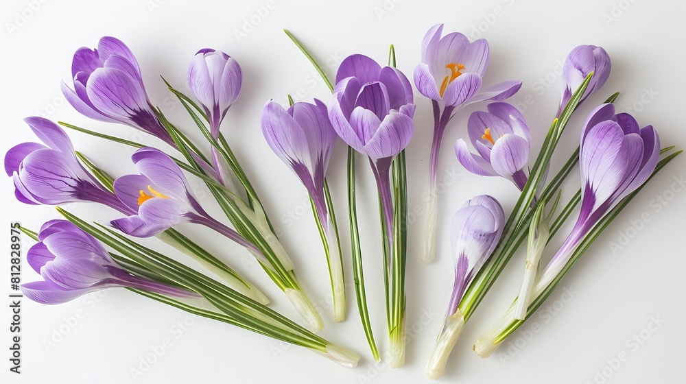 Fototapete crocus spring flowers lilac crocuses on stem with leaves creative layout isolated on white backgroun