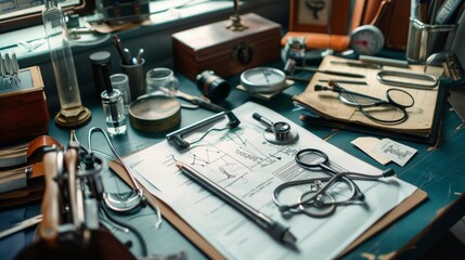Naklejka premium A table with many of the tools a doctor might use in their work