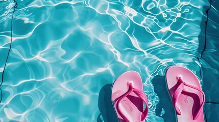 Naklejka premium Summer vacation Pink sandals by swimming pool Blue sea surface with waves texture water Flat mock up for design : Generative AI